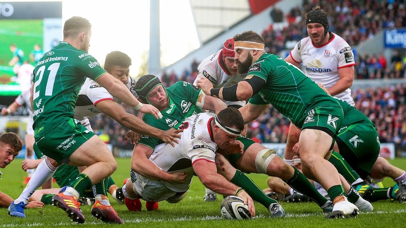 Ulster’s Marcell Coetzee scores a try against Connacht. Photo: Tommy Dickson/Inpho