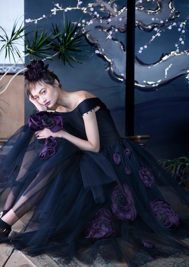 Black tulle ballet dress with black crystals and burnt Camelia flowers on the skirt handmade by Helen Cody, Westbury Mall Dublin and reduced by 50% to €1475