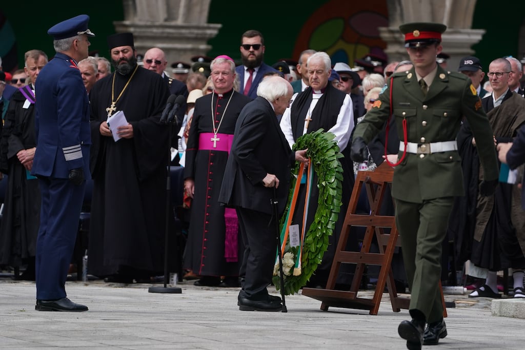 President Michael D Higgins lays a wreath during the National Day of Commemoration ceremony at the Royal Hospital Kilmainham in Dublin on Sunday. Photograph: Brian Lawless/PA Wire