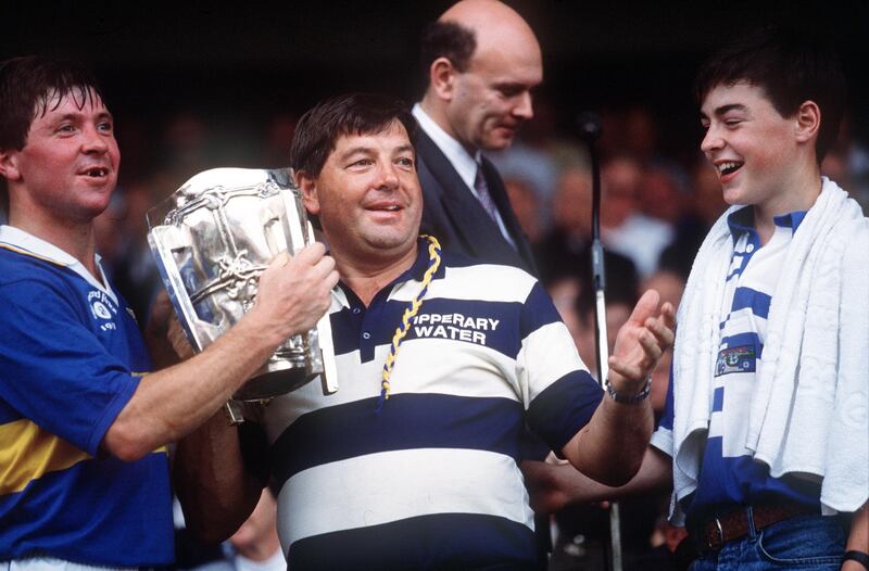 Tipperary's Pat Fox and manager Babs Keating with the Liam McCarthy cup in 1991. Photograph: Inpho