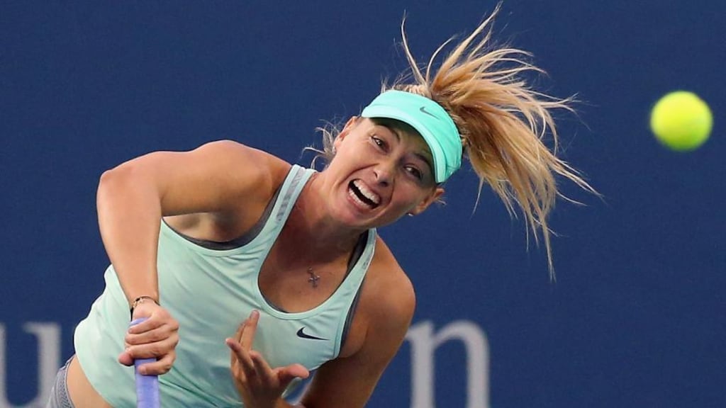 Maria Sharapova serves to Sloane Stephens during at the Western & Southern Open in Cincinnati on August 13th, her last competitive game before further treatment on her injured shoulder. Photograph: Ronald Martinez/Getty Images