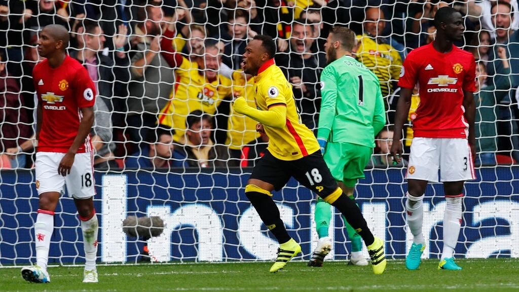 Watford’s Juan Camilo Zuniga celebrates scoring their second goal in their 3-1 Premier League win over Manchester United at Vicarage Road. Photo: Eddie Keogh/Reuters