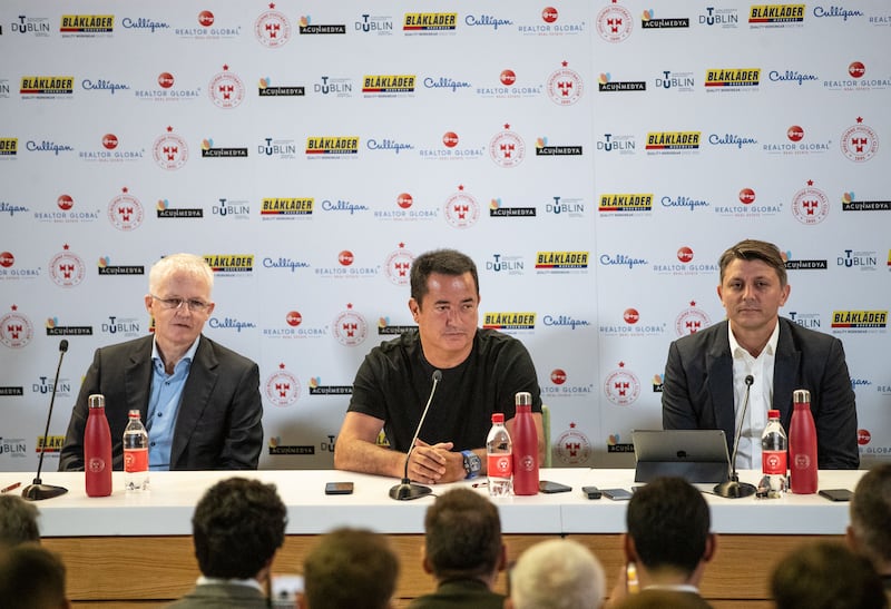 Andrew Doyle, Acun Ilicali and Tan Kesler at the Shelbourne media event in the Aviva Stadium, Dublin, on Friday. Photograph: Evan Treacy/Inpho