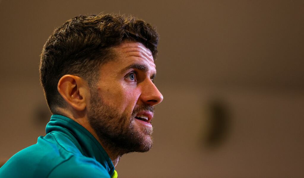 Robbie Brady speaks to the press for the first time since rejoining the Ireland camp. Photograph: Ryan Byrne/Inpho