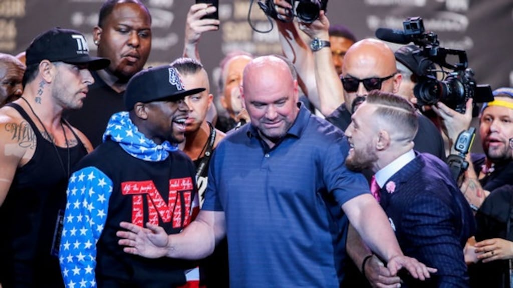 UFC president Dana White separates Floyd Mayweather and Conor McGregor. Photograph: Tom Hogan/Inpho