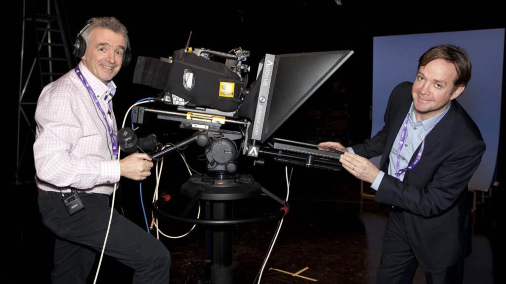 Ryanair chief executive Michael O’Leary and TV3 commercial director Pat Kiely at the filming of an ad for the airline in the station’s HD studio in Ballymount, Dublin, earlier this month. (See question 20.) Photograph: Brian McEvoy