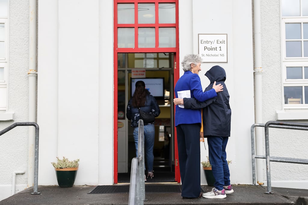 Catherine Connolly votes in the Scoil Niocláis Naofa, the Claddagh National School in Galway city. Photograph: Dan Dennison