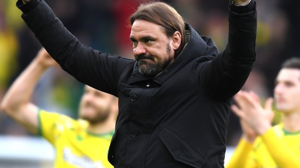 Daniel Farke celebrates with the Norwich fans after beating QPR. Photograph: Getty Images