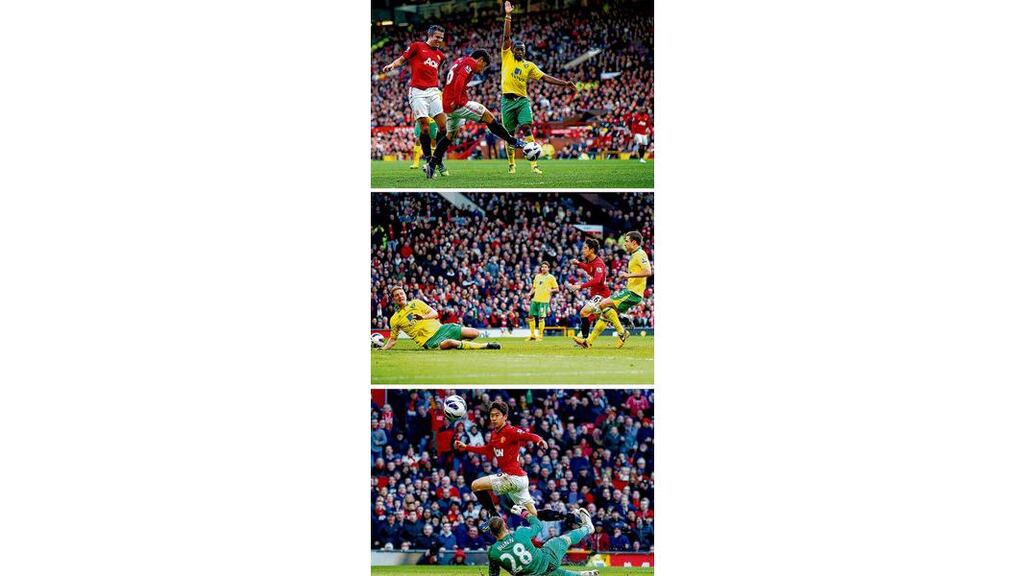 Three of a kind: Manchester United midfielder Shinji Kagawa scores a hat-trick against Norwich on Saturday at Old Trafford. photograph: darren staples/reuters