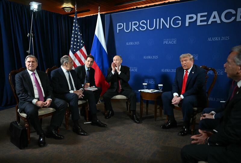 US president Donald Trump and Russian president Vladimir Putin meet during a US-Russia summit on Ukraine at Joint Base Elmendorf-Richardson in Anchorage, Alaska. Photograph: Andrew Caballero-Reynolds/AFP via Getty Images