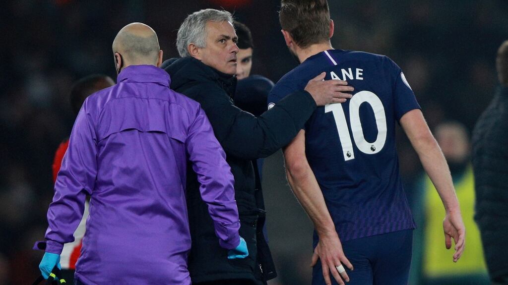 Spurs manager José Mourinho with Harry Kane as he goes off injured at St Mary’s Stadium, Southampton, on January 1st. Photograph: Reuters/Ian Walton
