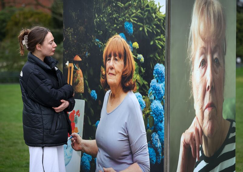 One of the life-sized portraits in the Botanic Gardens in Belfast of 16 mothers bereaved during the Troubles. Photograph: Mal McCann