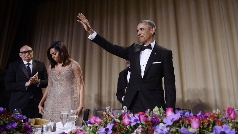 President Barack Obama waves to the audience after speaking at the White House Correspondents’ Association annual dinner on April 30th, 2016. Photograph: Olivier Douliery-Pool/Getty Images