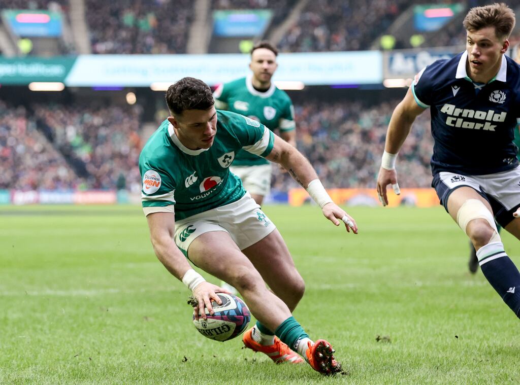 Calvin Nash touches down for a try for Ireland against Scotland last Sunday. Photograph: Dan Sheridan/Inpho