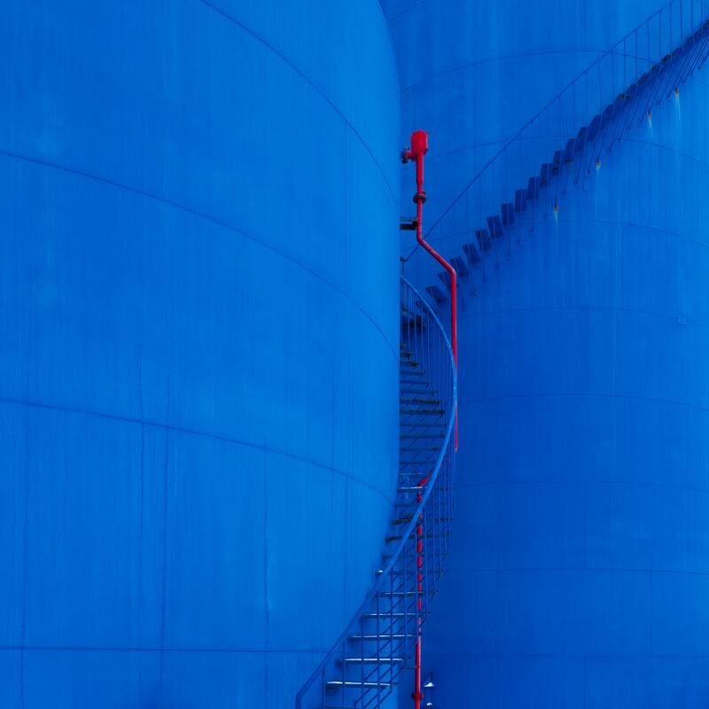 Michael McLaughlin's Blue Silo 1 of 10 limited edition photographs. Architectural Detail of Industrial Silos in northern Hokkaido.