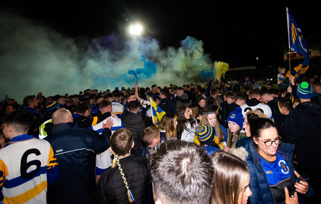 In the Tyrone Senior Football Championship Final Errigal Ciarán supporters celebrate victory over Carrickmore. Photograph: Evan Logan
