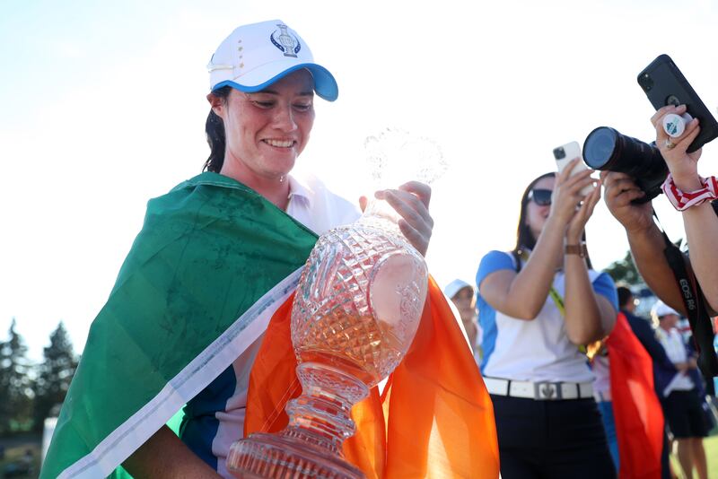 Leona Maguire celebrates with the Solheim Cup after Europe's victory over the United States in Toledo, Ohio in 2021. Photograph: Maddie Meyer/Getty