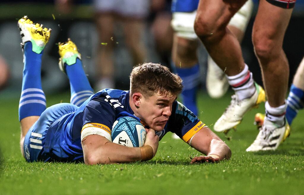 Leinster’s Garry Ringrose scores a try on Saturday against Ulster in the BKT United Rugby Championship at the RDS.
Photograph: Billy Stickland/Inpho