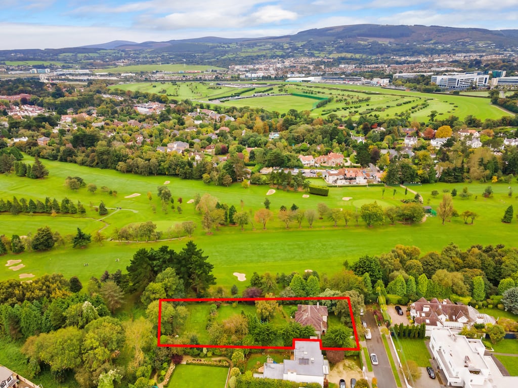 An aerial view of Windrush and its 0.55-acre site at Knocksinna in Foxrock, Dublin 18
