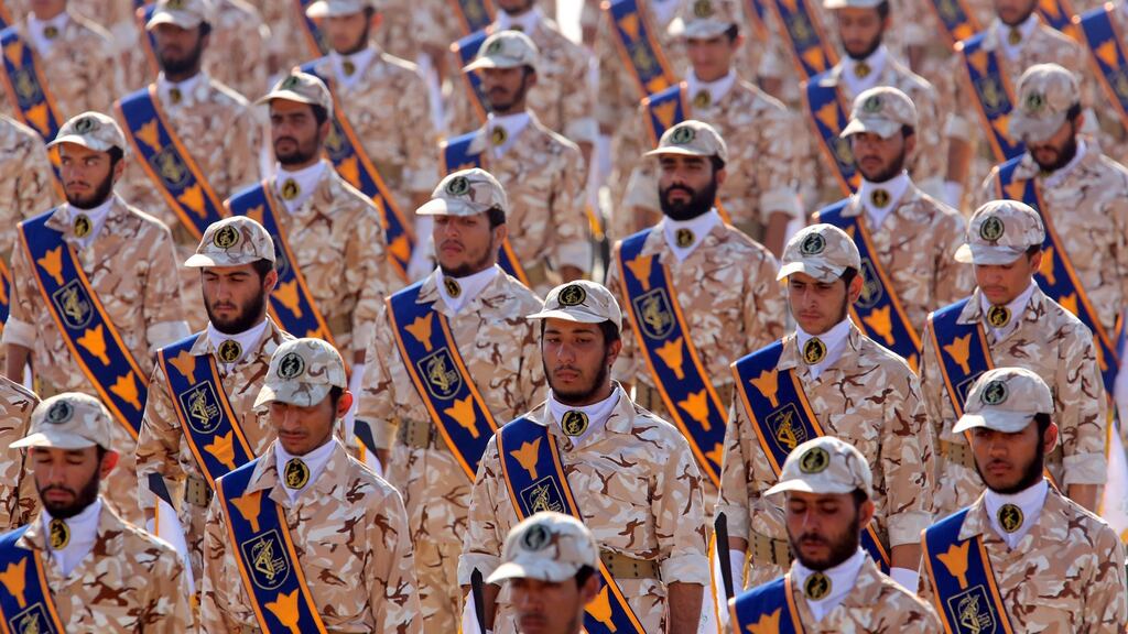 Iranian Revolutionary Guard soldiers march during a military parade. Photograph: Abedin Taherkenareh/EPA