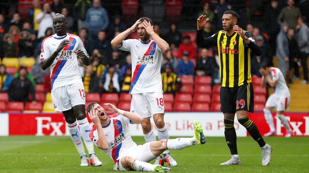 Crystal Palace’s Joel Ward reacts after missing a great chance to score against Watford at Vicarage Road. Photograph: Paul Childs/Reuters