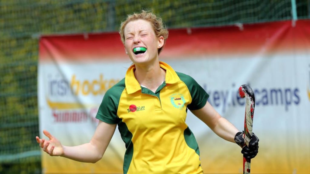 Julia O’Halloran of Railway Union celebrates scoring the winning goal in the penalty shoot-out yesterday. Photograph: Inpho