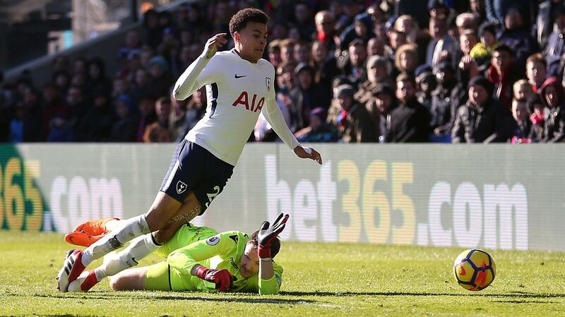 Dele Alli goes to ground during Tottenham’s narrow win over Crystal Palace. Photograph: Steven Paston/PA