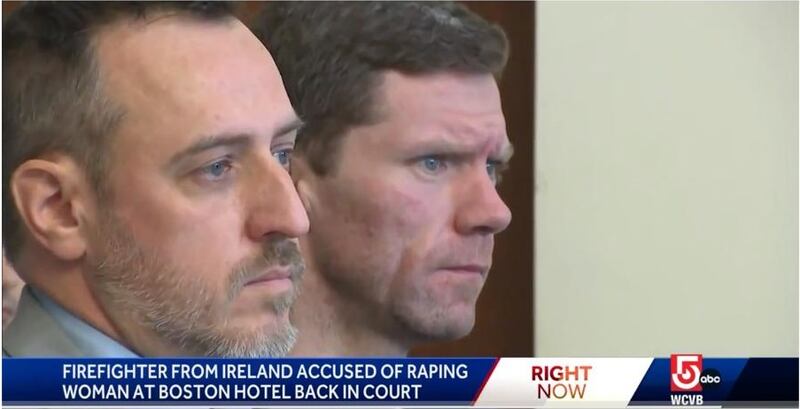 Dublin firefighter Terence Crosbie (right), with his attorney, appears in court after being charged with raping a 28-year-old woman in Boston. Photograph: WCVB