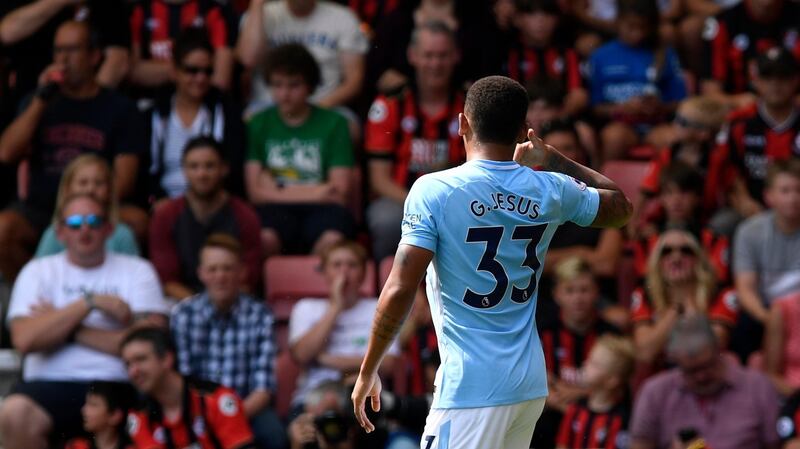Manchester City’s Gabriel Jesus celebrates scoring their first goal. Photograph: Tony O’Brien/Reuters