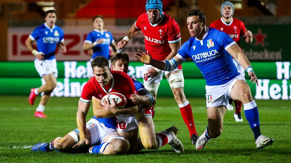 Kieran Hardy of Wales scores the opening try during the Autumn Nations Cup against Italy at Parc y Scarlets. Photograph: Rogan Thomson/Inpho