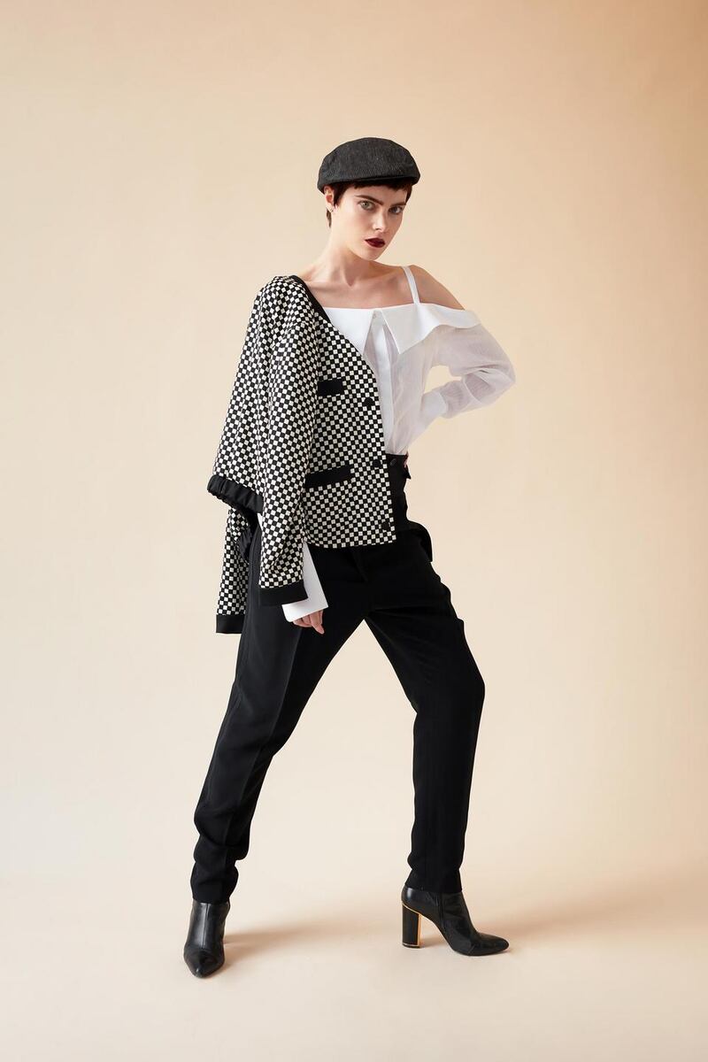 Maisie wrap shirt €100, jacket €1,050 Dries Van Noten Brown Thomas. Skirt €175 Karen Millen, Arnotts, shoes €50 River Island, earrings Om Diva.