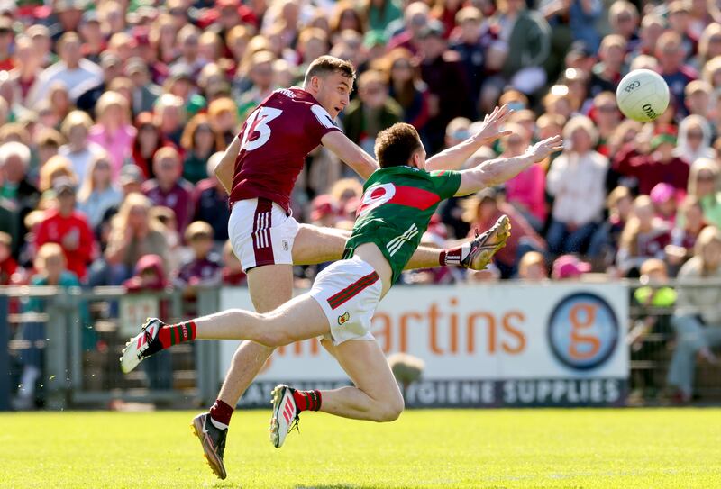 Galway’s Matthew Tierney and Matthew Ruane of Mayo in action during the Connacht final at Hastings McHale Park. Photograph: James Crombie/Inpho
