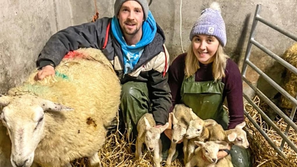 Christopher and Niamh McLaughlin with the five newborn lambs and their mother.