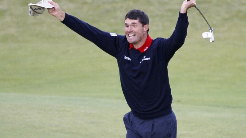 Pádraig Harrington celebrates on the 18th green after his playoff victory over Sergio Garcia at Carnoustie in 2007. Photograph:  Phil Noble/Reuters)