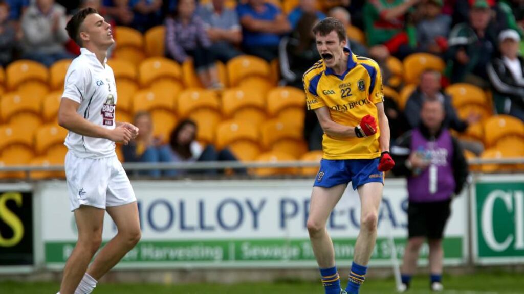 Roscommon’s Henry Walsh celebrates a late score against Kildare in Tullamore. Photograph: Ryan Byrne/Inpho