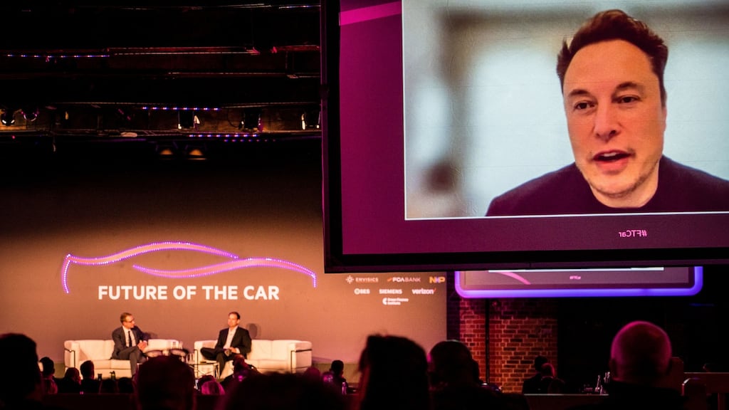 Elon Musk speaking virtually at the Financial Times Future of the Car Summit on Tuesday. Elon Musk has said he will reverse the Twitter ban imposed on former US president Donald Trump. Photograph: Financial Times/PA Wire
