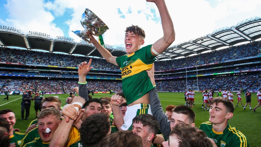 David Clifford celebrates Kerry’s victory over Derry after his outstanding contribution of 4-4 in the All-Ireland minor football final at Croke Park. Photograph: Tommy Dickson/Inpho