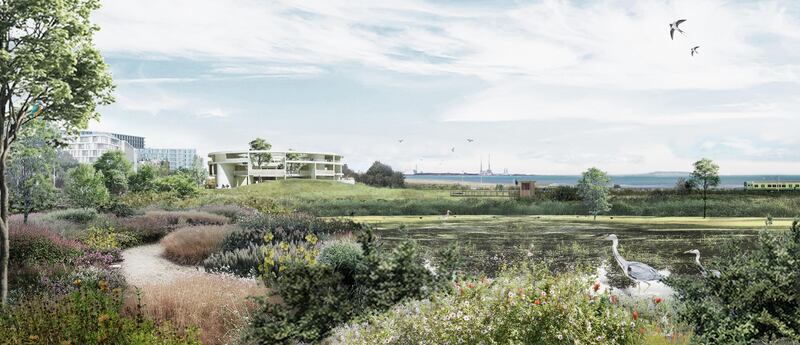 A computer-generated image of the development as seen from Booterstown Marsh and bird sanctuary