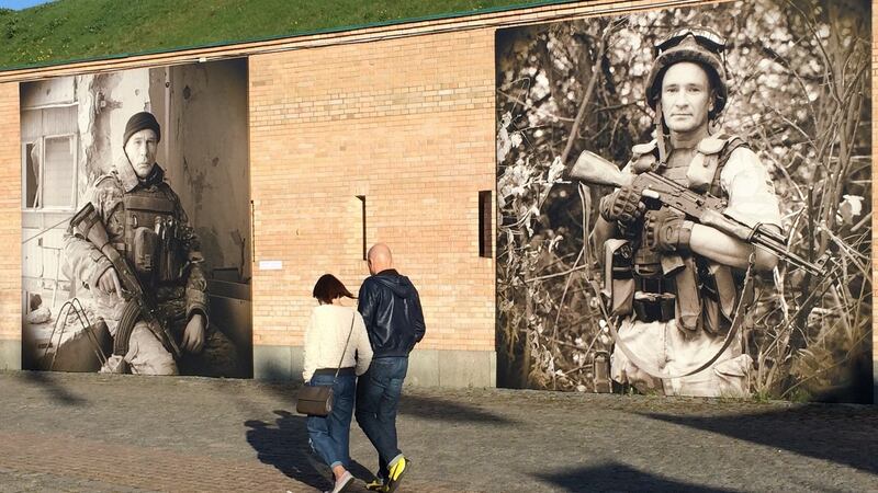 Portraits of Ukrainian soldiers at Kiev’s “Art Fort”, which is next to the city’s main military hospital and is hosting one of many exhibitions to be held during Eurovision. Photograph: Daniel McLaughlin