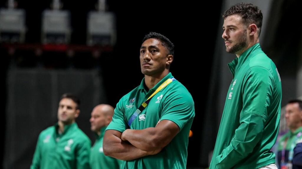 Bundee Aki with Robbie Henshaw after Ireland’s win over Samoa. Photograph: Dan Sheridan/Inpho