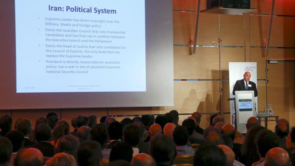 Switzerland’s ambassador to Iran Giulio Haas addresses an event of the Swiss government-funded organization Swiss Global Enterprise in Zurich. Switzerland’s ambassador on Thursday called Iran a “pole of stability” in the Middle East. Photograph: Reuters