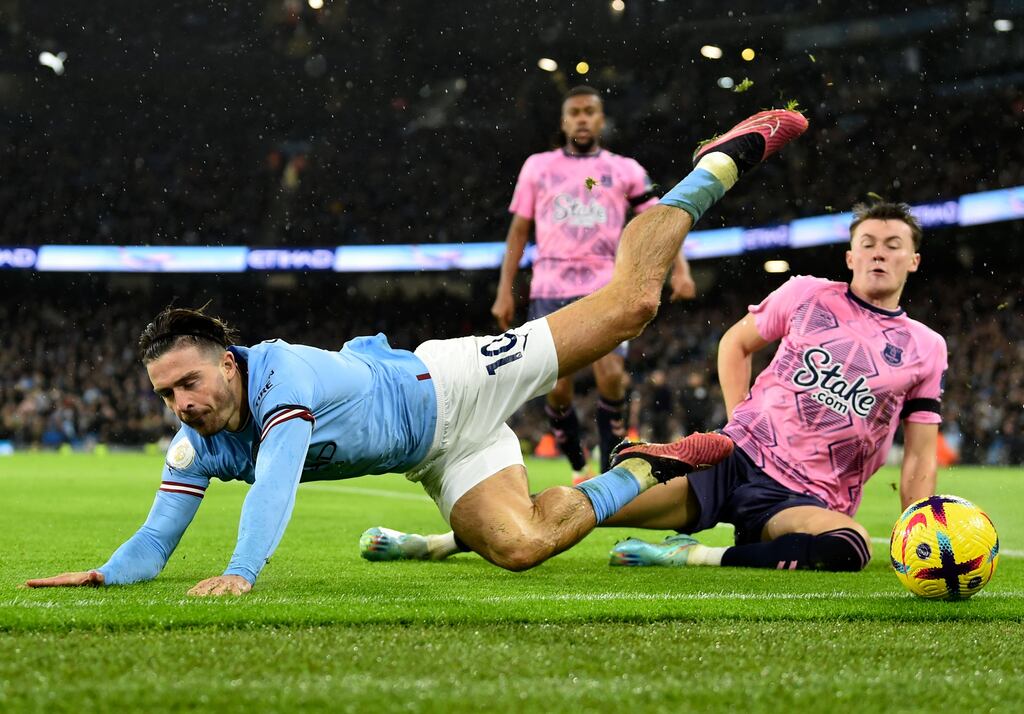 Jack Grealish of Manchester City in action against Nathan Patterson of Everton. Photograph: Peter Powell/EPA