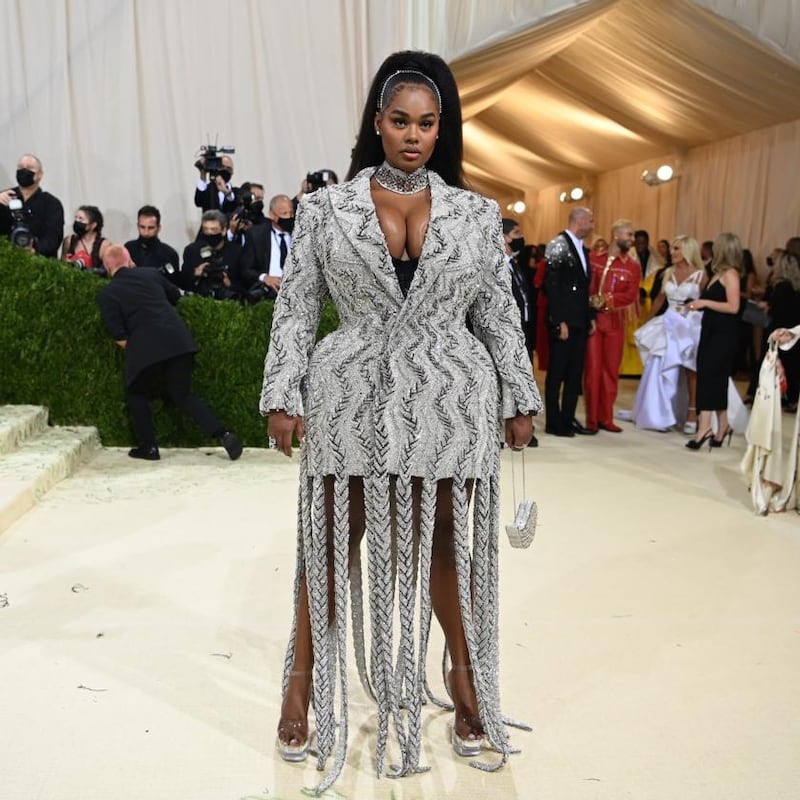 Precious Lee, who has emerged as a top model of 2021, wore a crystal Area blazer dress