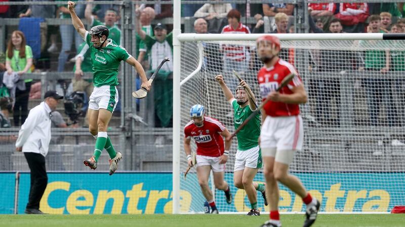 Limerick’s Pat Ryan celebrates scoring a goal against Cork in the 2018 All-Ireland semi-final. Photo: Tommy Dickson/Inpho