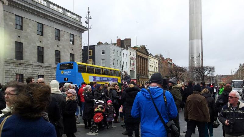 A crowd gathers outside the GPO on Dublin’s O’Connell Street on Sunday, January 11th, ahead of a solidarity rally in memory of the victims of terror attacks in Paris, France, during the previous week. Photograph: Peter Smyth/The Irish Times