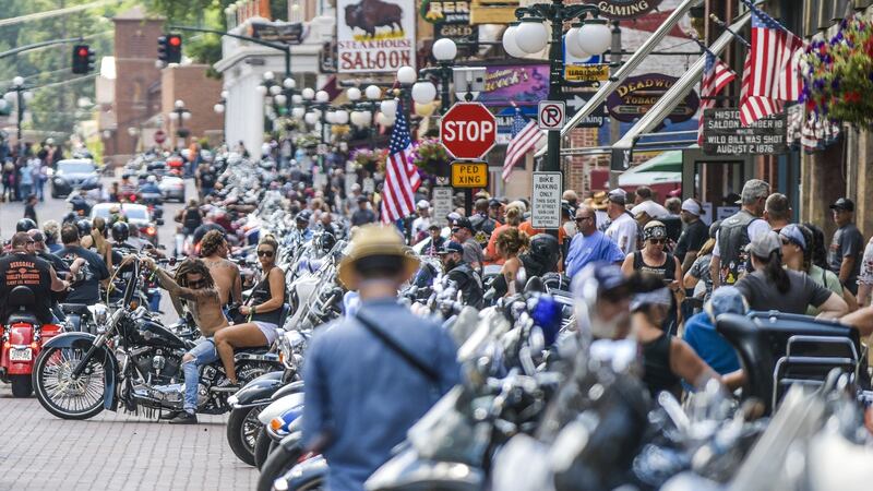 Motorcyclists ride through downtown Deadwood, South Dakota during a rally in August, 2020. Photograph: Michael Ciaglo/Getty Images