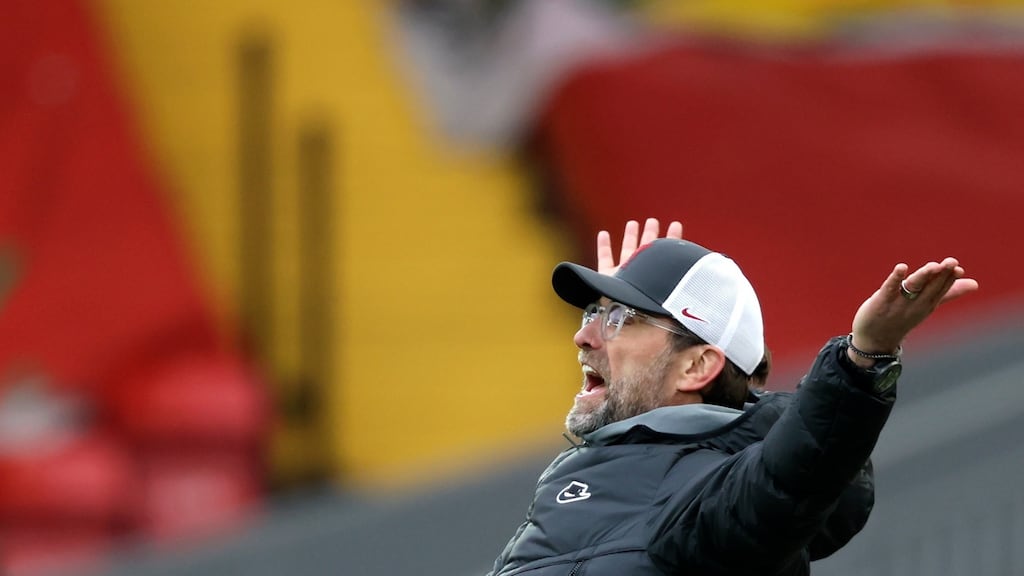 Liverpool manager Jürgen Klopp reacts during the Premier League loss to Fulham. Photo: Clive Brunskill/EPA