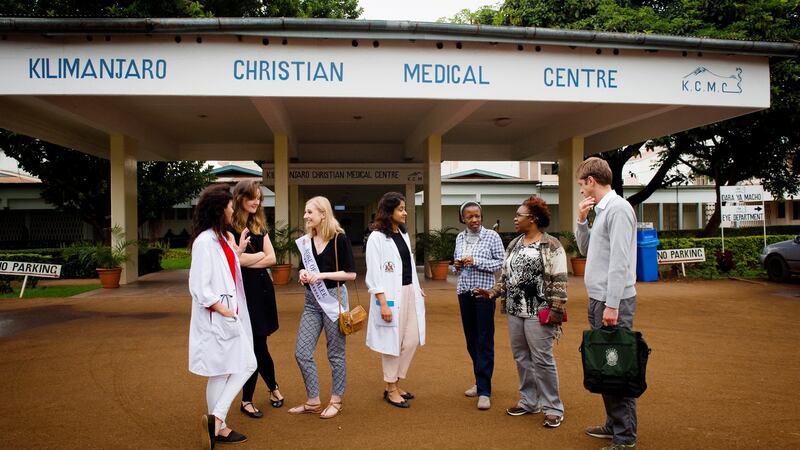 Elysha Brennan meets students and staff at the medical centre in Tanzania.