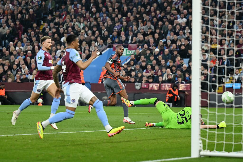 Ayoub El Kaabi scores Olympiacos' second goal past Aston Villa goalkeeper Robin Olsen during the Uefa Europa Conference League semi-final first leg match at Villa Park. Photograph: Michael Regan/Getty Images