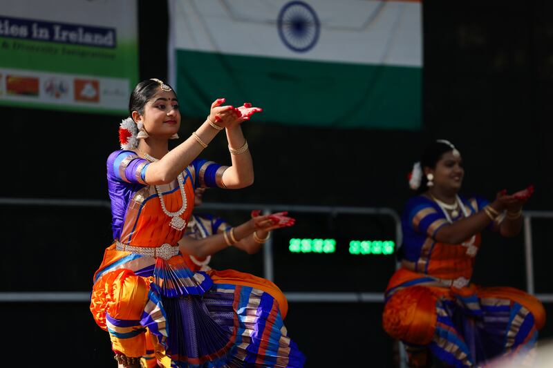 Members of the Mudra School Of Indian Classical Dances, Stamullen, Co.Meath take part in an event in Merrion Square, Dublin to mark India Day.